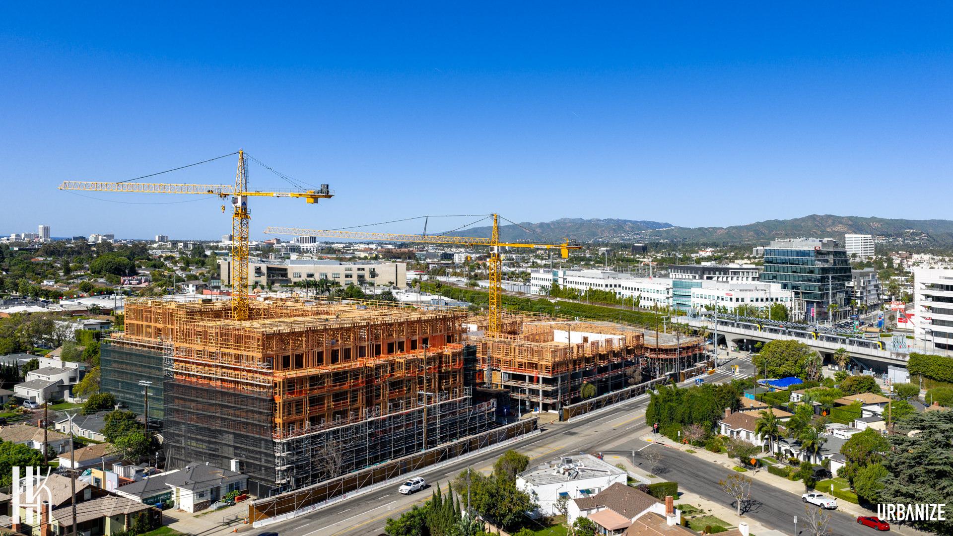 Wood framing rises for 600 apartments near Expo/Bundy Station